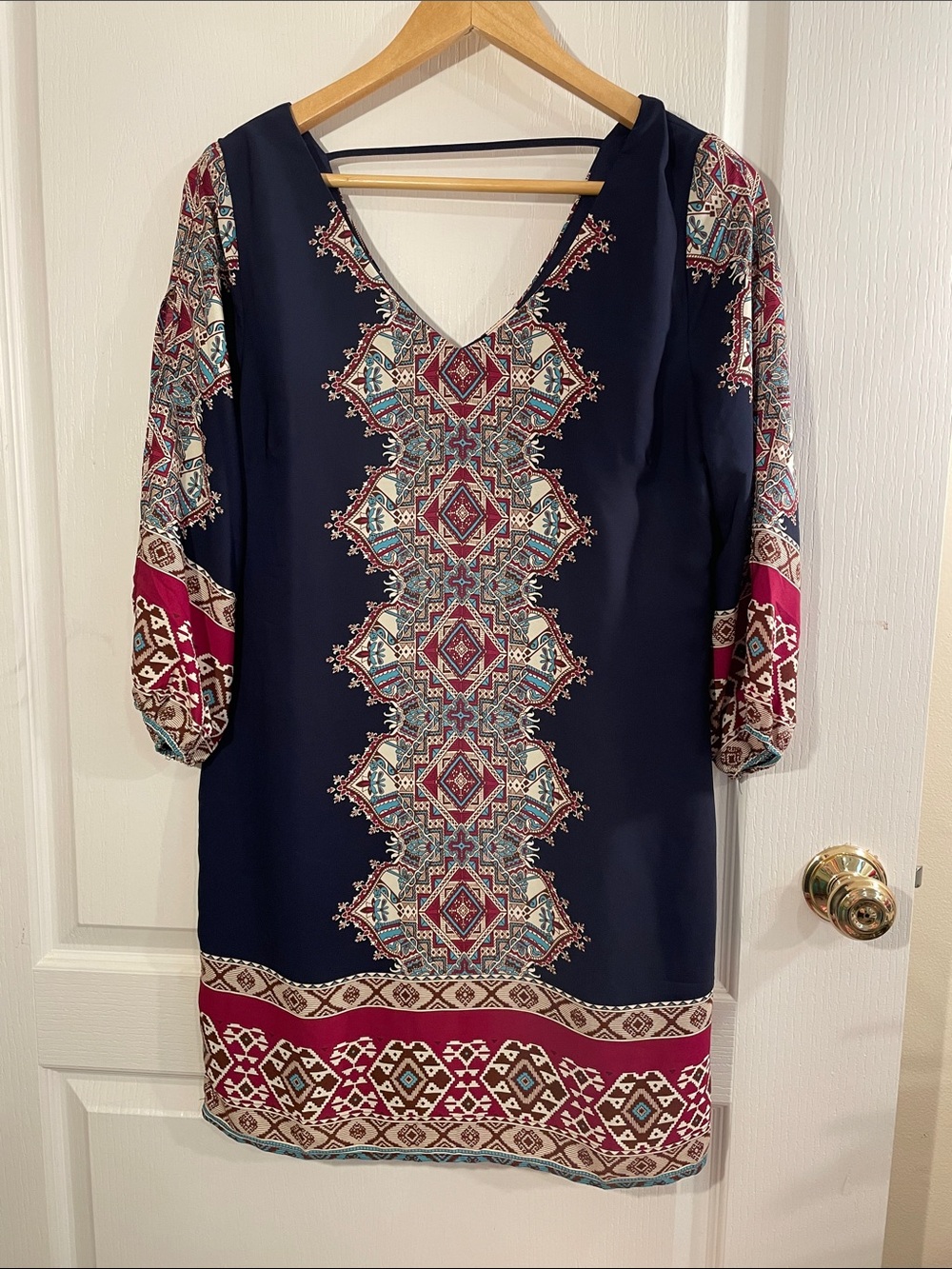Pink Owl Navy Dress with Burgundy & Teal Geometric Trim